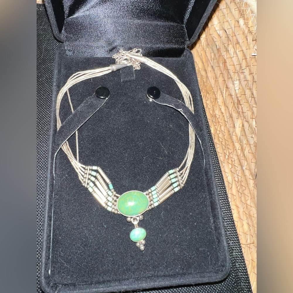 Sterling Liquid Silver Heshi Green Turquoise 5 Strand Necklace in box - Picture 5 of 11